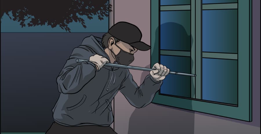 Illustration of burglar forcing entry through a window in Binghamton